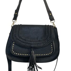 Antik Kraft Black Vegan Leather Saddlebag Crossbody Braid Detail Boho Western